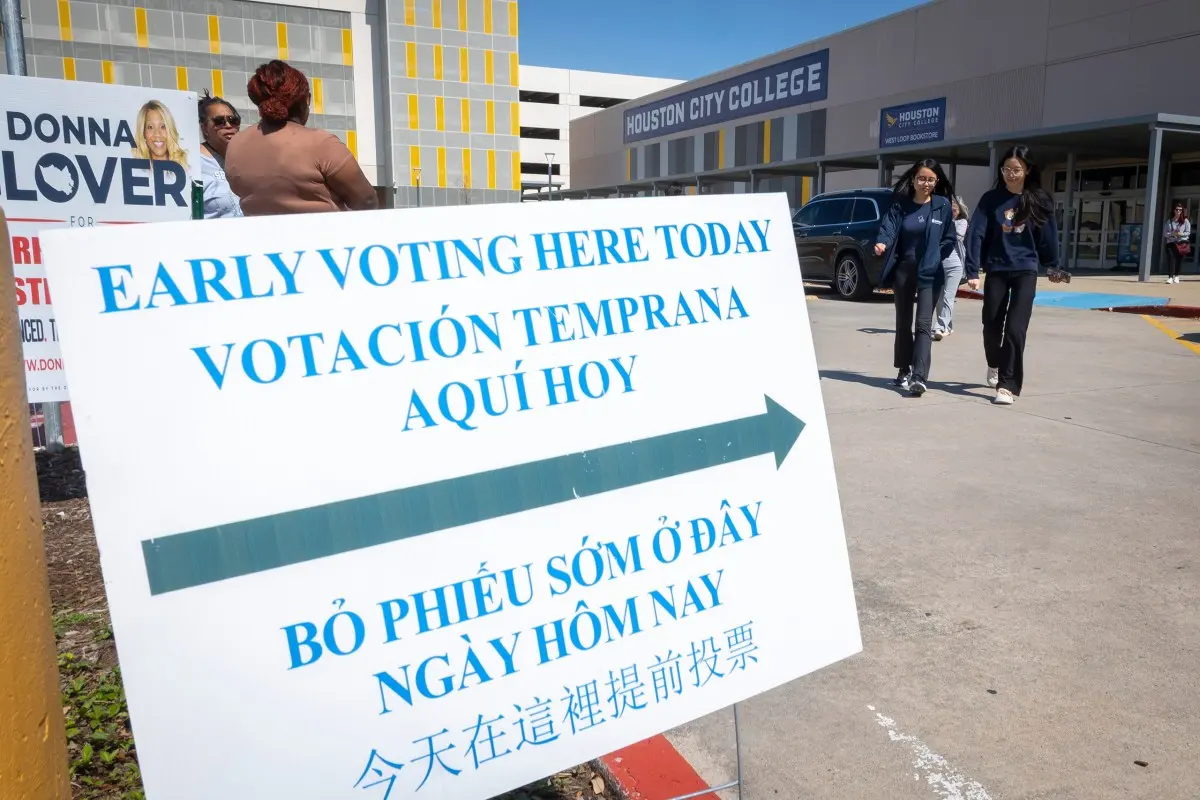 Signs direct voters to the polling location inside Houston City College during the last day of early voting on Friday, Feb. 27, 2026, in Houston.