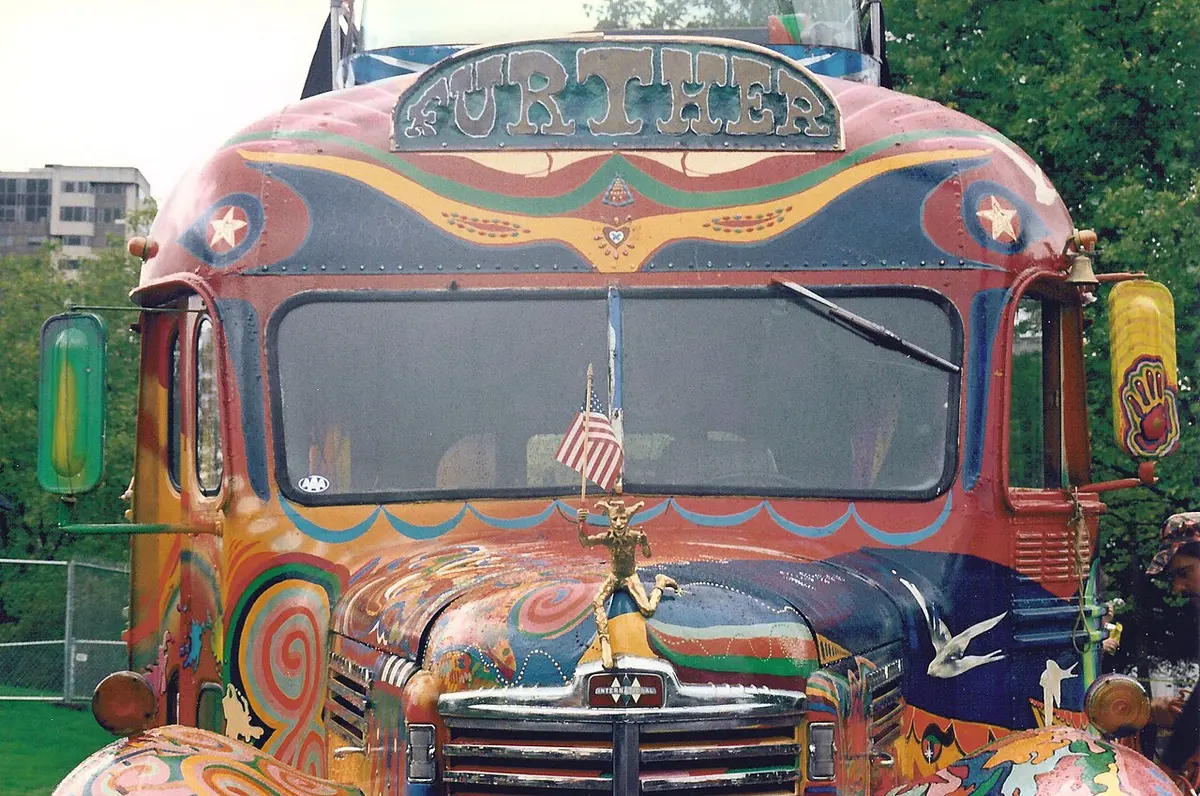 Psychedelically painted school bus of Ken Kesey and the Merry Pranksters