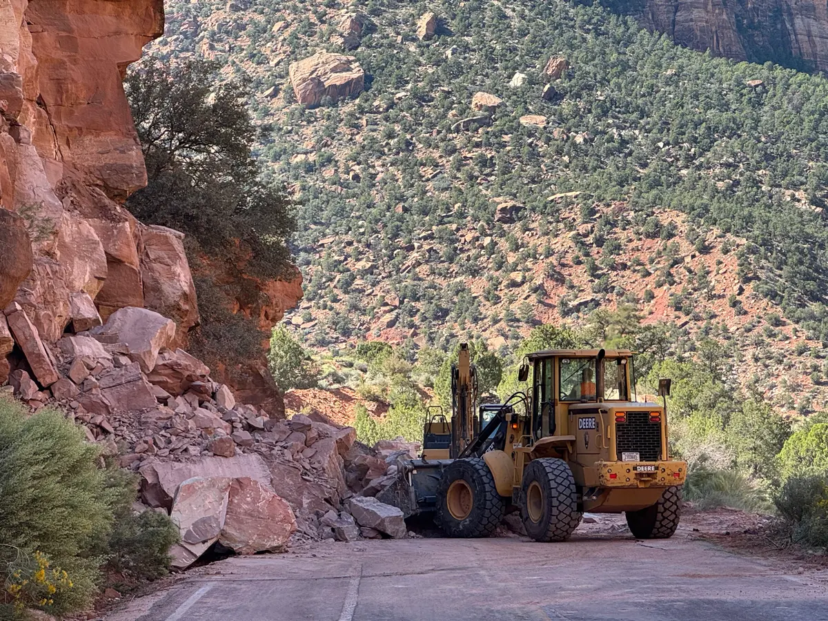 Crews removed rock and debris from a rockfall on the Zion-Mt. Carmel Highway in Zion National Park. NPS Photo