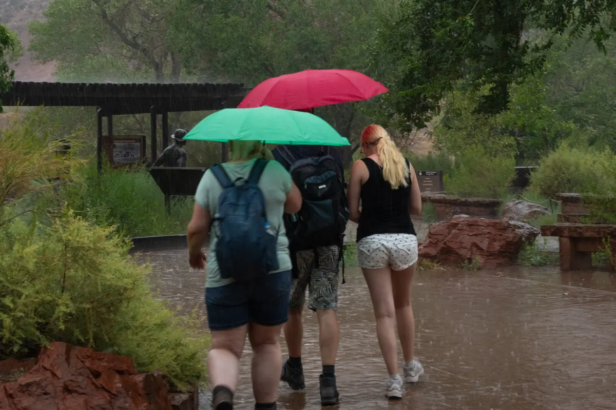 On July 29, 2026, a severe thunderstorm sent many Zion Canyon visitors running for shelter. NPS Photo / Wil Marischen