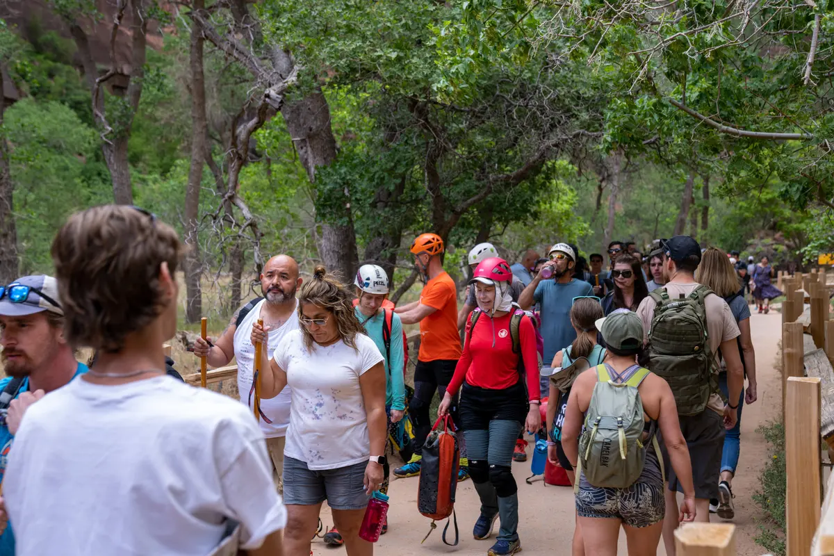 Lines and crowding at the Temple of Sinawava during Memorial Day Weekend 2022. NPS Photo / Jonathan Shafer