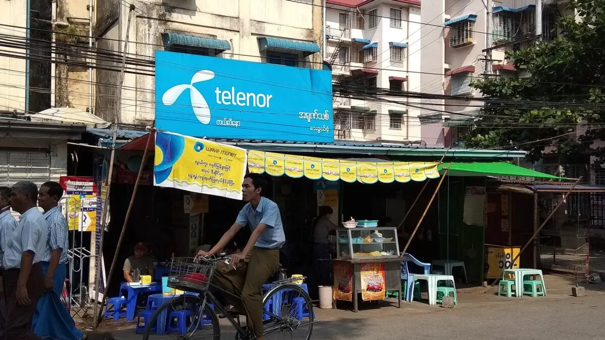 Telenor telecom shop on a street in Yangon, Myanmar.