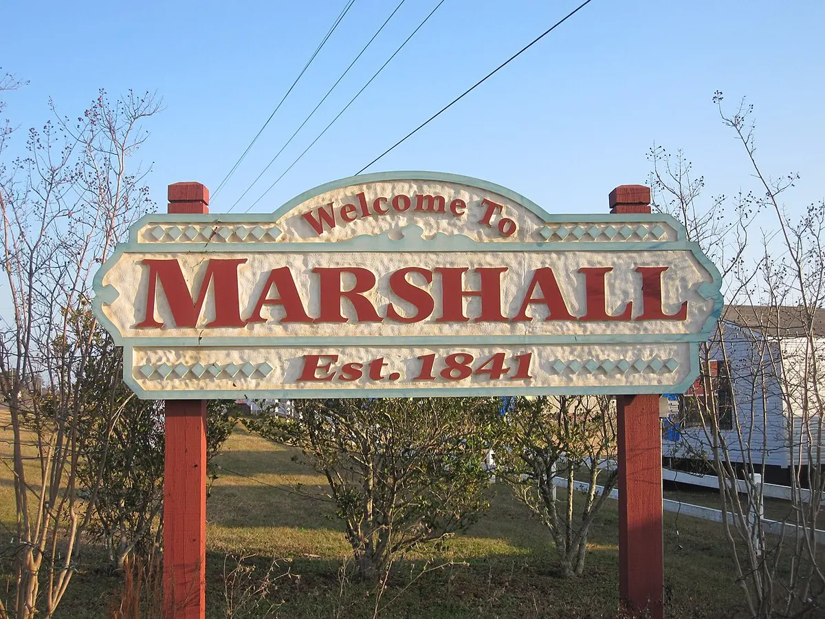 Welcome sign for the city of Marshall, Texas