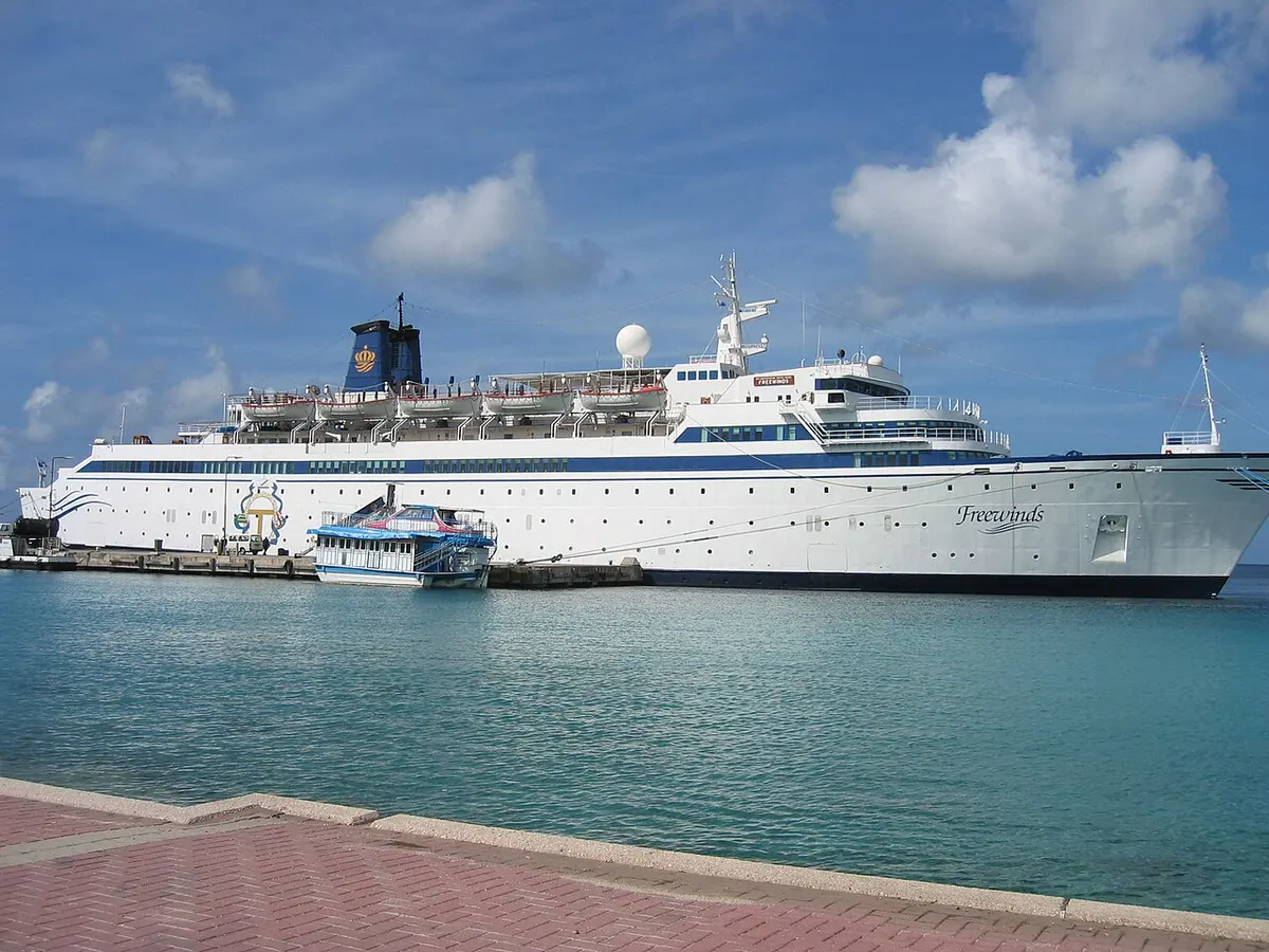The Church of Scientology's cruise ship Freewinds in Bonaire. Image: Mary-Austin & Scott.