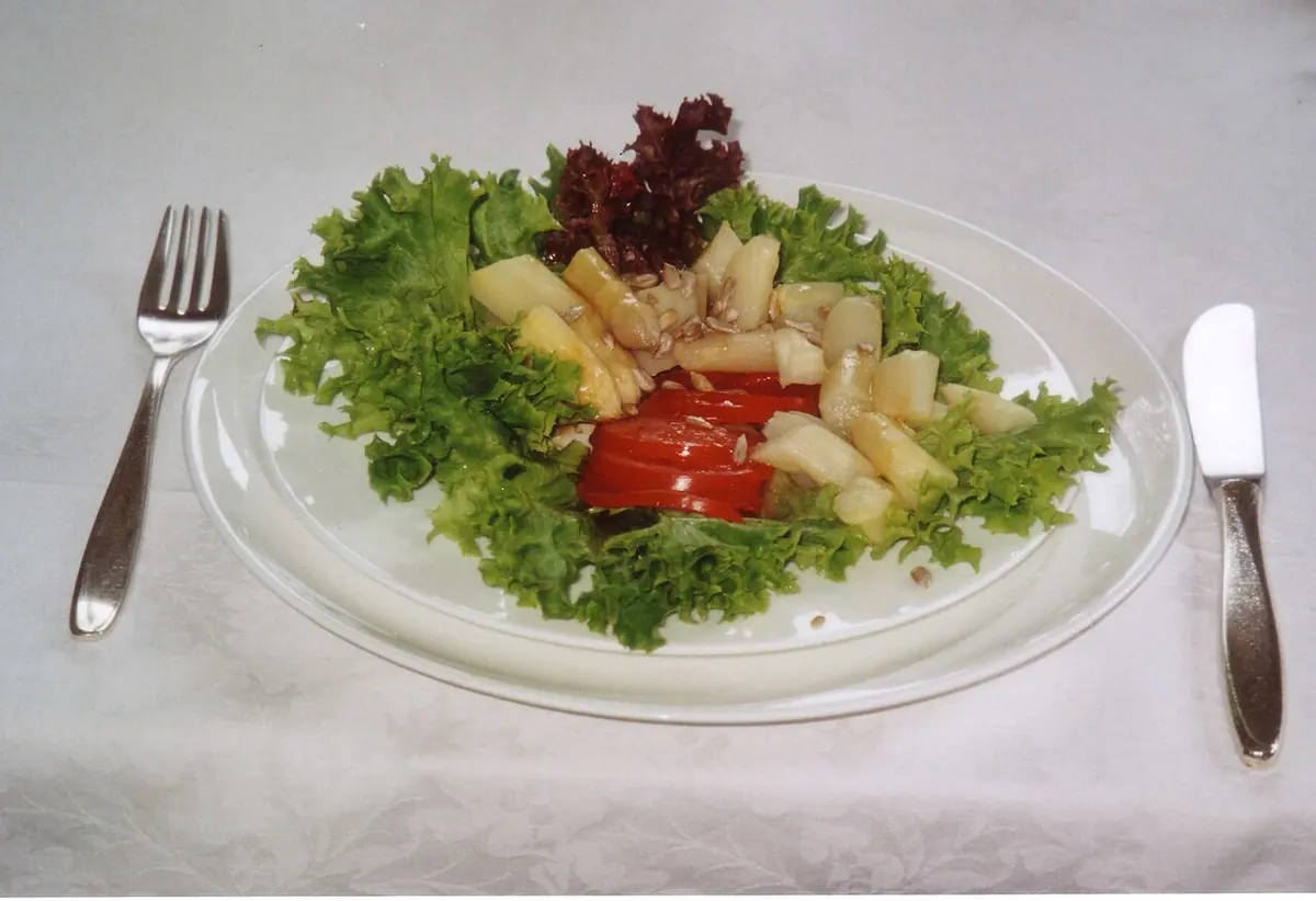 A mixed salad of lettuce, tomato, and asparagus.