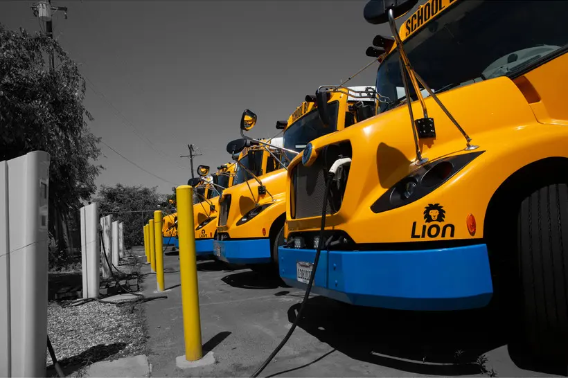 A row of electric Lion school buses charge at a row of charging stations.
