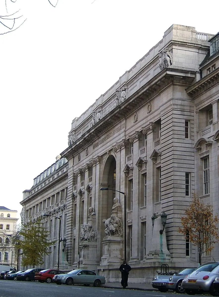 Royal School of Mines (entrance and the Goldsmiths' wing, Prince Consort Road, London) comprises Imperial College London's Earth Science, Engineering, and Materials departments.