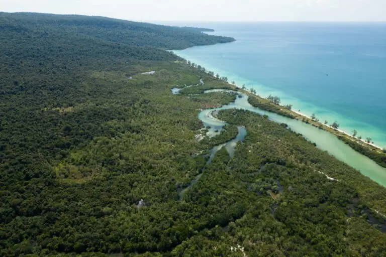 One of the many creeks that residents and loggers allege are used by illegal loggers, with support from the Royal Cambodian Navy, to extract valuable timber from Koh Kong Krao. Image by Gerald Flynn/Mongabay.
