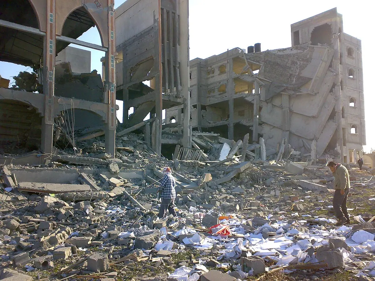 The remains of a bombed orphanage and mosque in Gaza, during hostilities in 2009. Image: ISM Palestine.