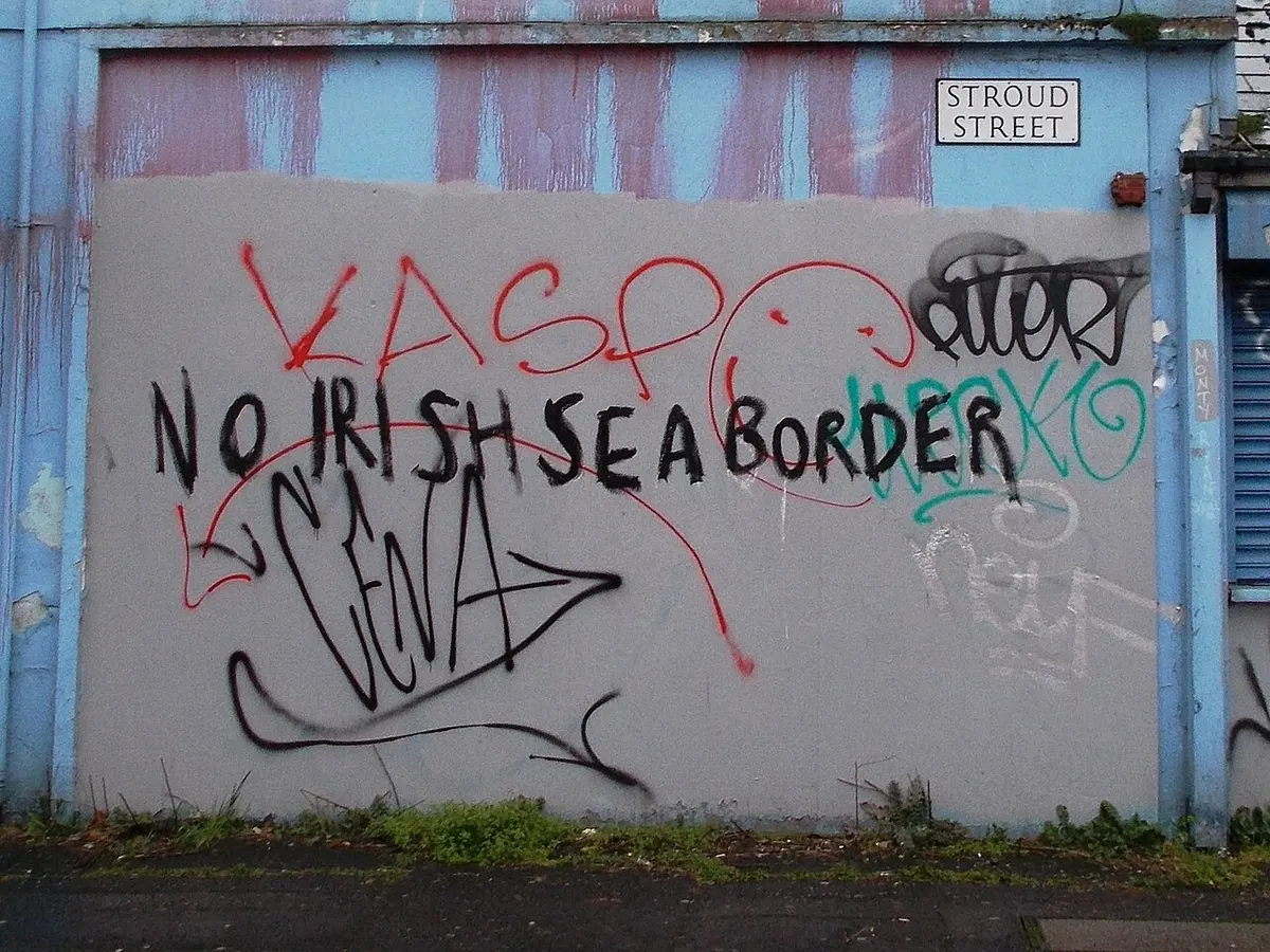 February 1, 2021 graffiti in Belfast opposes the "Irish Sea border" introduced as part of the Northern Ireland Protocol.Image: User:Whiteabbey.