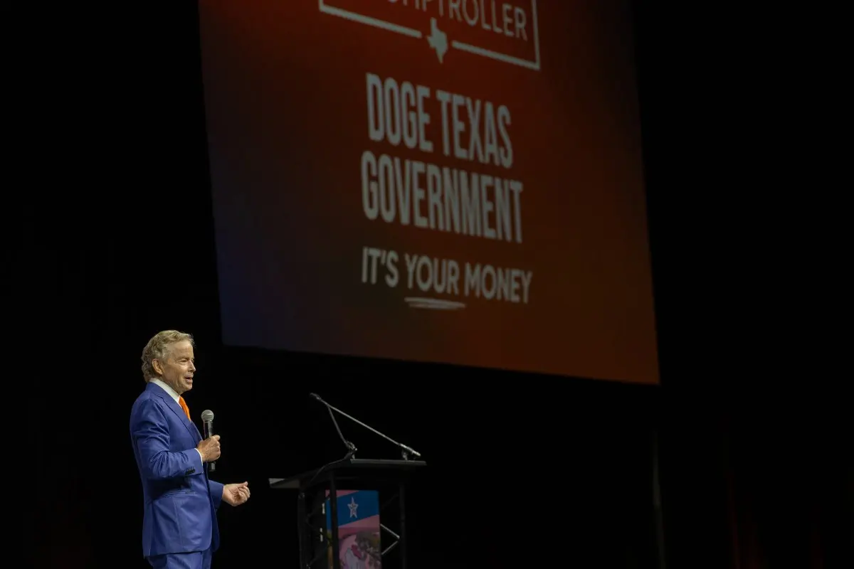 Don Huffines, Republican candidate for Texas comptroller, speaks during the Texas Republican Convention in Houston on June 12, 2026.