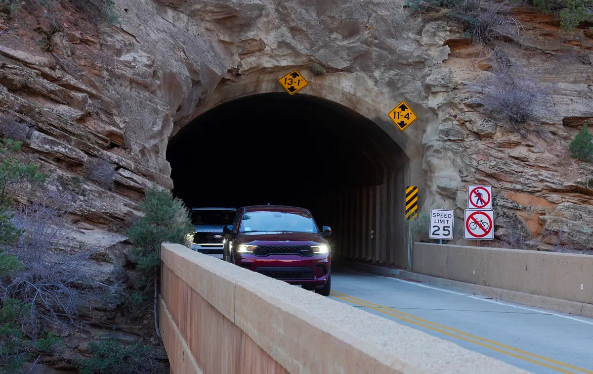 The Zion-Mt. Carmel Tunnel is old and relatively narrow. Closures are implemented to provide safe working conditions. NPS Photo / Wil Marischen