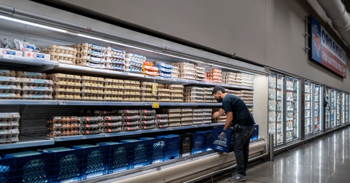 An employee stocking eggs in a grocery store Credit: Brandon Bell/Getty Images via Sentient.