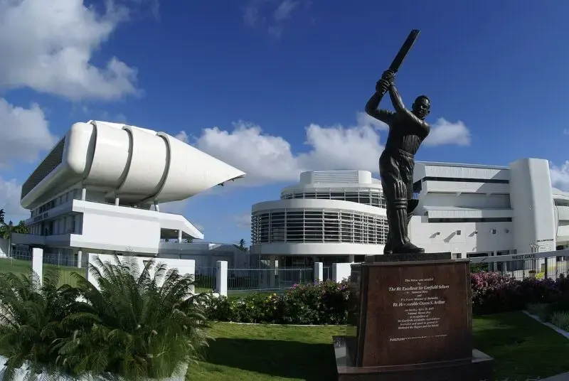Fisheye shot of the statue of Sir Garfield Sobers, cricket legend and national hero, at Barbados’ Kensington Oval. 