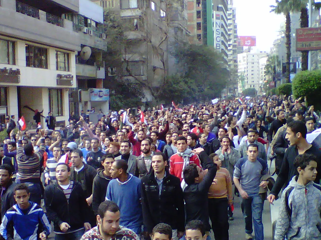 Protestors in Cairo, Tuesday – the initial day of protests. Image: Muhammad Ghafari.