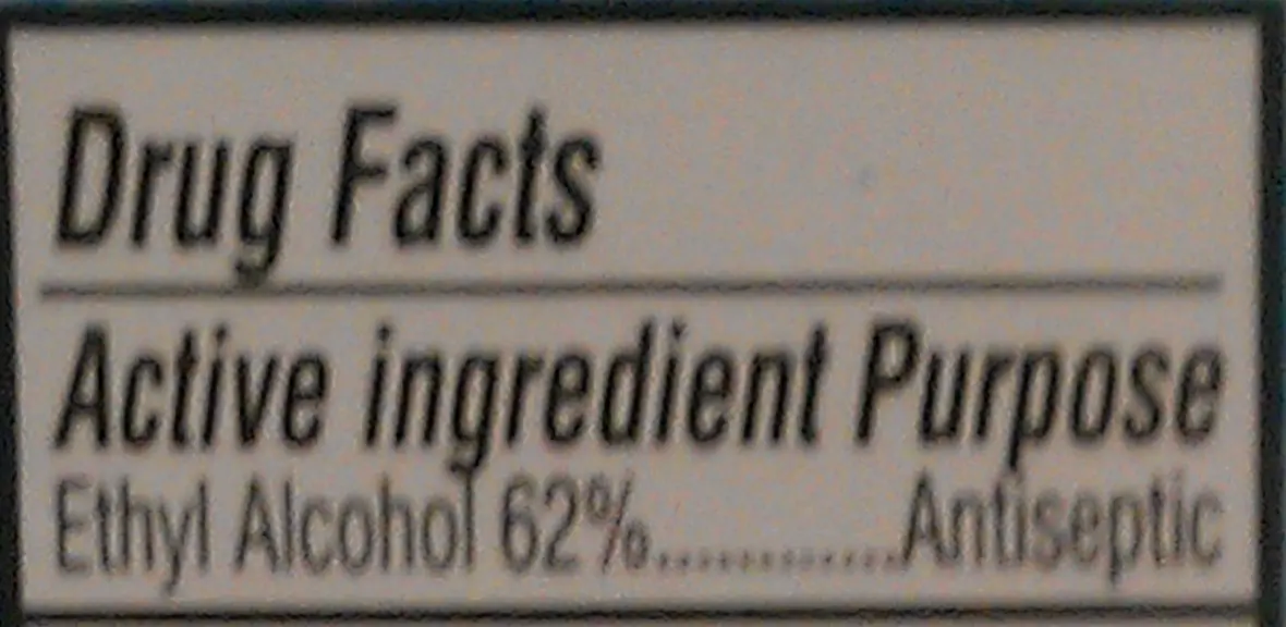 Hand sanitizer contains 62 percent ethyl alcohol.
