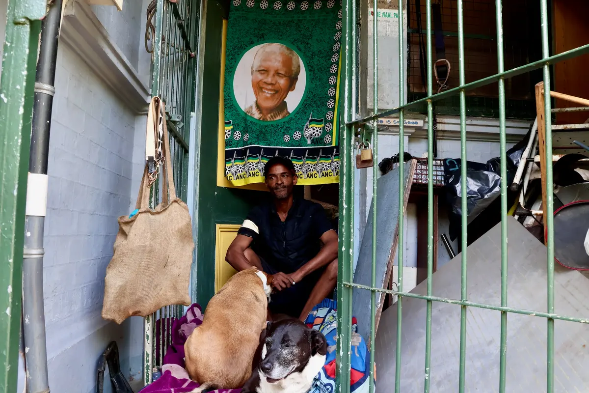 The small space that Clayton Smith shares with his dogs, Mango and Aisha.