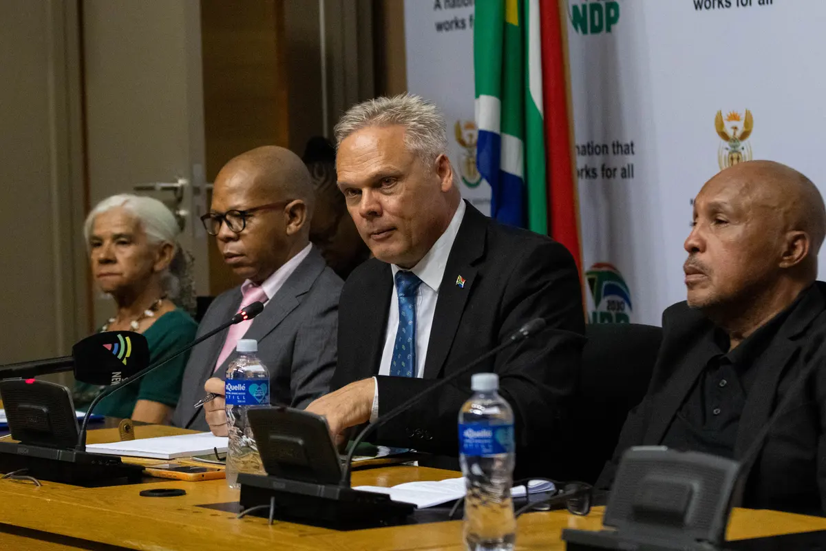 From left to right: Hilda Adams (West Coast Small Scale Fishers Forum), acting deputy-director general Belemane Semoli and Minister of Forestry, Fisheries and Environment Willie Aucamp, and Troy Meyers (a member of the KwaZulu-Natal Museum Board), at a media briefing on Thursday 5 March. Photo: Liezl Human